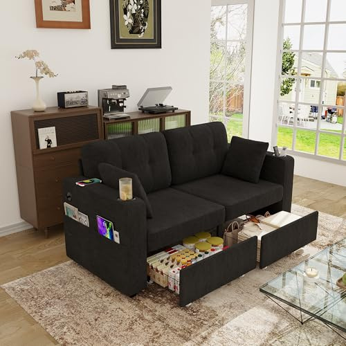Yihomfy Canapé 2 Places Multifonctionnel, Petit canape avec Deux tiroirs de Rangement & Port de Chargement USB, Chenille Sofa avec Porte-gobelet - Poches latérales - Armoire latérale, Noir