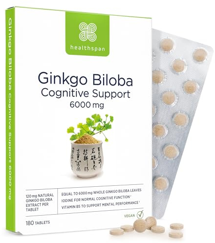 Healthspan Ginkgo Biloba Cognitive Support (6,000mg) | 180 Tablets | Maximum Strength Ginkgo Extract | Mental Function | Added Iodine & Vitamin B5 | Supports Energy | Vegan
