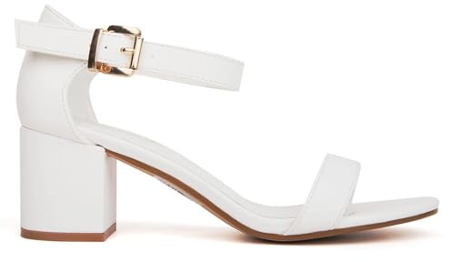 Womens Low Mid Heel Block Peep Toe Ladies Ankle Strap Party Strappy Sandals UK Size 3-8 (3 UK, White Matte)