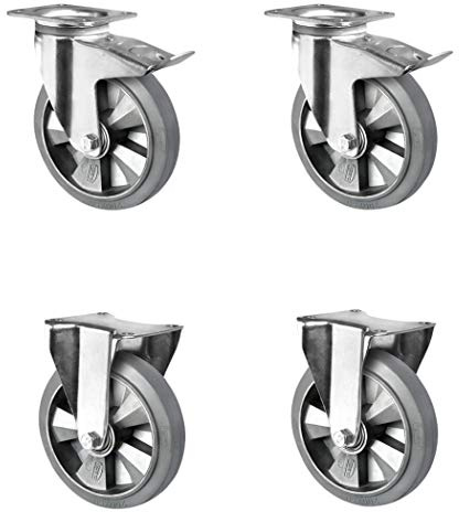 CASCOO SETTHFH200BAF2D0N Rollensatz 2 Lenkrollen mit Feststeller, 2 Bockrollen, Aluminiumfelge, Elastik, Durchmesser 200 mm, Schwerlast, Doppelkugellager, Traglast 1350 kg (4-er Pack)