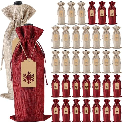 Sackleinen Wein Geschenktüten, Jute Kordelzug Weinflaschenhüllen mit Seilen und Tags für Weihnachten, Hochzeit, Reisen, Geburtstag, Urlaubsparty