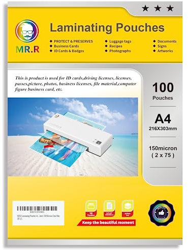 MR.R Laminierfolien laminierfolie, A4, glänzend 2x75 Mikron 100 Stück, transparent transparente Folie, klare und langlebige Präsentationen, ideale Steifigkeit für den täglichen Gebrauch