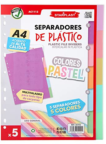 Starplast Pack 5 Separadores Pastel - Para Carpeta o Archivador 2-4 Anillas, Organizadores, Polipropileno, Índice, Multitaladro, Clasificador, uso Escolar o de Oficina.