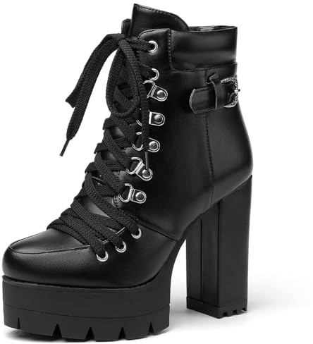 Susanny Platform Heel Boots Womens Black Sexy High Heels Harley Steampunk Heeled Combat Boots Shoes Lace UP Short Ankle Booties 7.5