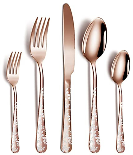 XIAOYU 5 Piece Stainless Steel Flatware Set, Silverware Cutlery Set, Include Knife/Fork/Spoon, Unique Pattern Design, Dishwasher Safe, Rose Gold