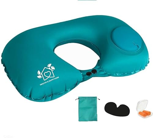 HEALTHY & HAPPY HOME Almohada cojín Cervical y anatómico de Viaje para el Cuello, con inflador de presión para Viajes en avión, Tren o Coche