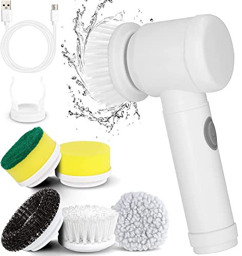 Electric Spin Scrubber, Cordless Electric Cleaning Brush Waterproof Power Scrubber with 5 Replaceable Brush Heads, Handheld Shower Scrub Brush for Cleaning Kitchen Dish Sink Tub Floor Wall Tile Window