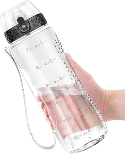 OLDLEY 750ml/25oz Water Bottles with Straw Leakproof Kids Water Bottles for School Plastic Tritan Drink Bottles Hydrate Sports Bottles BPA Free Time Markings Gym Bottles for Women Men(Transparent)