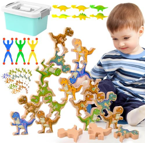 WuGU Wooden Stacking Games Toy Stapelspiel ab 3 Jahre Dinosaurier Spielzeug(32 Dinosaurier),Kinder Montessori Spielzeug ab 3 4 5 6 Jahre Balancieren Stapelspielzeug