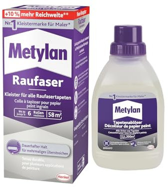 Metylan Raufaser, Tapetenkleister für Raufasertapete mit hoher Anfangsklebkraft (1x360g) & Metylan Tapetenablöser Aktiv-Konzentrat, löst schnell und problemlos (1x0,5l)