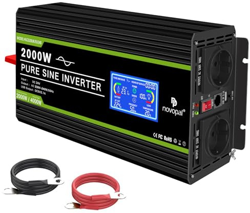 NOVOPAL 2000W 4000W Convertisseur Pur Sinus 24V 220V 230V Onduleur Transformateur avec écran LCD,2 Prises EU AC,1USB,5M Télécommande,Convient pour Camion, Camping, Voyage,Voitures