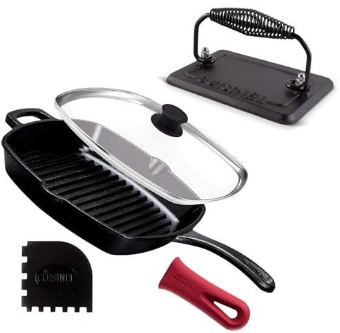 Cuisinel Cast Iron Grill Pan + Rectangular Cast Iron Grill Press + Tempered Glass Lid + Pan Scraper – Pre-Seasoned Ribbed Skillet – 10.5-Inch Square Grilling Indoor/Outdoor Camping Fire BBQ Cookware