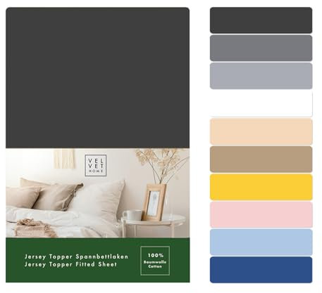 VelvetHome Topper Spannbettlaken 140x200cm 100% gekämmte Baumwolle Markenqualität Oeko-TEX 100 Bettlaken Spannbetttuch Jersey 140x200 Anthrazit