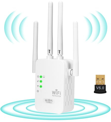 Amplificador WiFi Extender Repetidor Señal Largo Alcance Extensor Potente Repeater para Casa Ethernet 5Ghz & 2.4GHz + Bluetooth USB Booster Repartidor, 1200mps Doble Banda, 4 Antena, 2 Puertos LAN