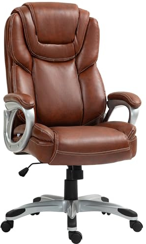 HOMCOM Chaise de Bureau, Fauteuil de Bureau avec Fonction Bascule Marron | Siège d'Ordinateur, Dossier Haut, Roulettes Pivotantes 360°, Hauteur Réglable