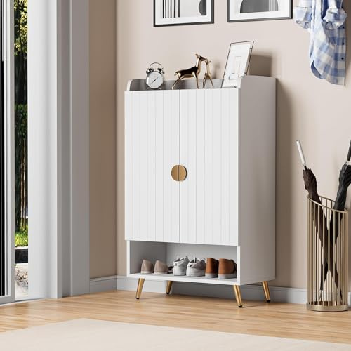 HYGRAD Modern Hallway Shoe Cabinet Wooden Large Entryway Shoe Organiser Cabinet Gold Legs Entryway Display Cabinet With Storage 4 Door or 2 Door White Grey (Medium White Cabinet)