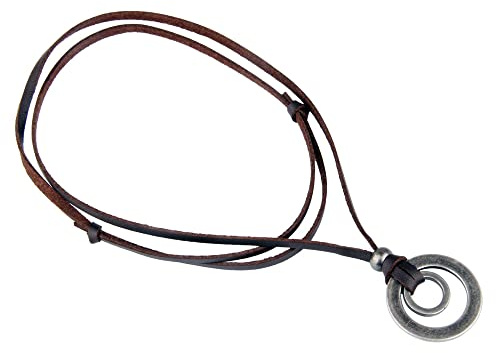 Zense - Herrhalsband med dubbla stålringar och lädersnöre ZP0254