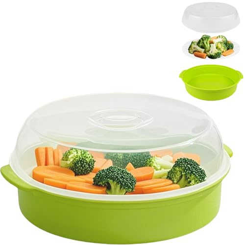 Bigwinyep Microwave Steamer for Vegetables, Plastic Microwave Vegetable Steamer with Lid for Vegetables Prep Seafood Fish Cooking, Green-Round, 10Inch