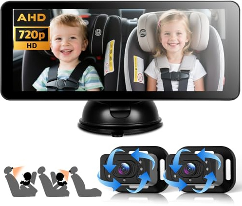 VECHTEL Sedile posteriore per bambini Doppia telecamera con schermo diviso da 6,86 pollici HD 720P, telecamera di sicurezza per seggiolino auto con visione notturna ruotabile a 360°,supporto a ventosa