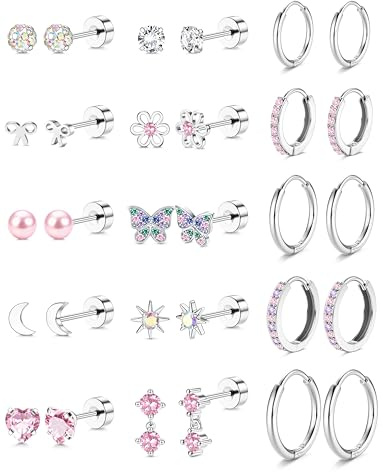 Adramata 15 Pairs Boucles d'Oreilles Femme Piercing Oreille Acier Inoxydable Boucle Oreille Or Argent Creoles Perle Papillon Boucle d'Oreille Piercing Helix Tragus Hypoallergénique Bijoux Femme Filles