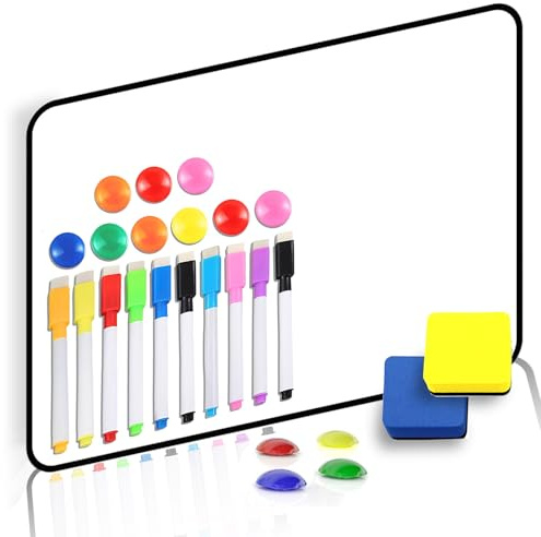 Dry Erase Whiteboard A3, Magnetic Double Sided 30 x 42 cm White Board with Black Border, Including 10 Colour Pen and 2 Eraser, for Writing & Drawing, Student School, Classroom, Home Use, Office