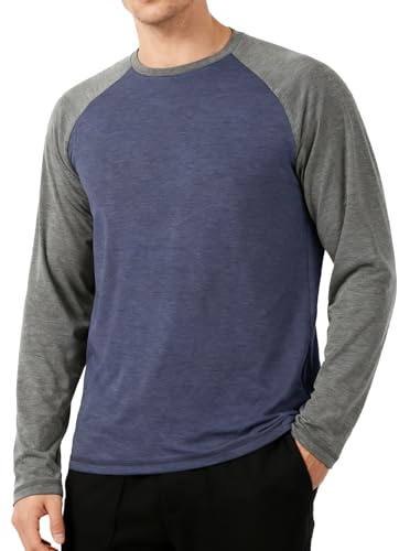 Mens Baseball Shirt Casual Long Sleeve T Shirts Raglan Crewneck Tops(Navy/Charcoal, L)