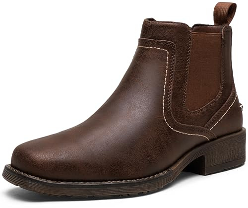 Jousen Chelsea Boots Men Square Toe Mens Dress Boots Ankle Slip On Leather Mens Casual Boots (AMY8425 brown 9)