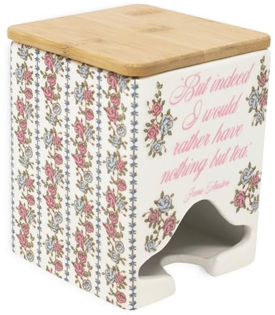 Steel Mill & Co Ceramic Tea Bag Dispenser with Bamboo Lid, Tea Storage Container for Kitchen Counter, Organizer for Tea Bags, Cute Bookish Gift for Tea Lovers (Jane Austen Quote)
