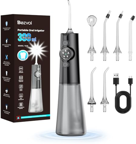 Bezvoi Irrigador Dental Portátil Inalámbrico – 5 Modos, 300ml, IPX7 Impermeable, para Ortodoncia y Encías Sensibles, 6 Boquillas, Limpieza Profunda para Casa y Viaje, Negro