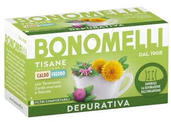 Bonomelli Tisane Funzionali, Depurativa, 16 Filtri, con Cardo Mariano, Sambuco e Tarassaco, Integratore Alimentare, Infusione a Caldo e a Freddo (32g)