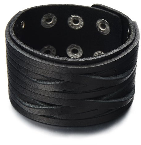 COOLSTEELANDBEYOND Herren Damen Lederarmband Breites Leder Schweißband Schwarz Echtes Leder Multi-Strang mit Druckknöpfe