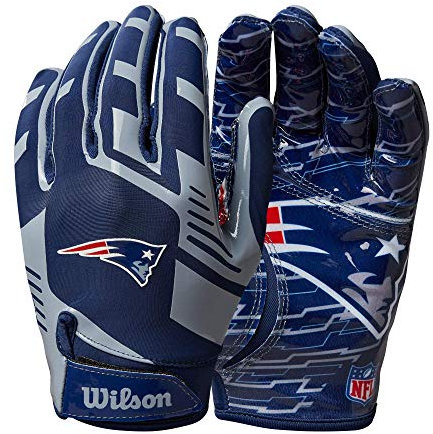 Wilson AD NFL Stretch Fit Football-Handschuhe, Hervorragende Passform und sicherer Grip, Aus atmungsaktivem Material, Optimale Performance, Team: New England Patriots, Blau/Rot, Erwachsenengröße