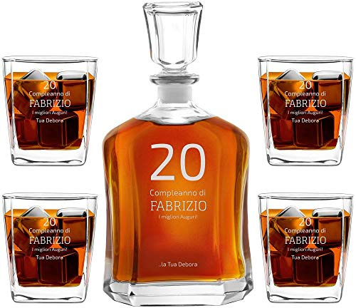 Maverton Set Decanter per Whisky in vetro - da 700 ml - incisione personalizzata - Caraffa + 4/6 bicchieri - idea regalo per il compleanno per l’ uomo - Compleanno
