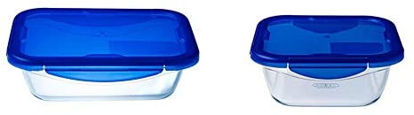 Pyrex Cook & Go Recipiente Rectangular 25X19Cm 170Cl con Tapa Cook&Go, Azul, 4.19 Cm + Cook & Go Recipiente Cuadrado 16X16Cm 85Cl con Tapa Cook&Go, Azul, 2.26 Cm