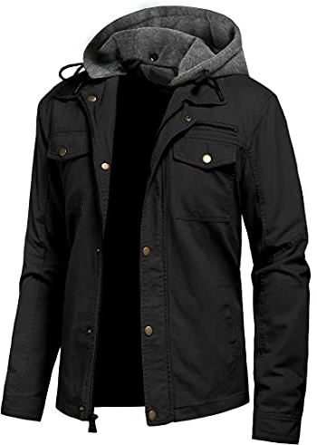 Pursky Men's Cotton Jackets Military Cargo Bomber Working Outerwear With Removable Hood XL Black