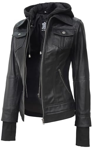 fjackets Leather Jackets For Women - Removable Hood Real Lambskin Leather Jacket Women - Betty Black Hooded Jacket | [1309195] XL