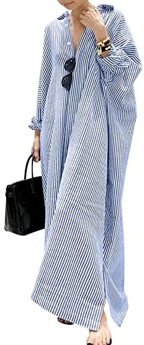 chouyatou Women's Casual Long Sleeve Button Down Loose Striped Cotton Maxi Shirt Dress (Medium, Blue)