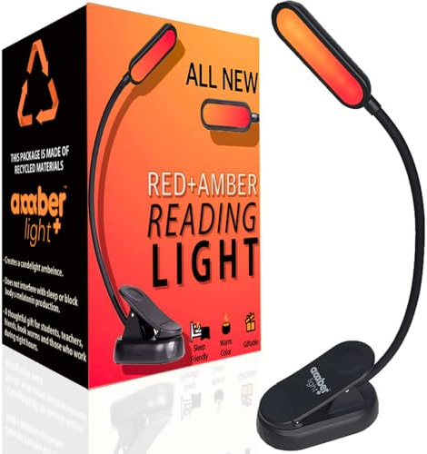 Amber Reading Light + Redlight. Giftable Blue Light Blocking Book Light for Reading in Bed