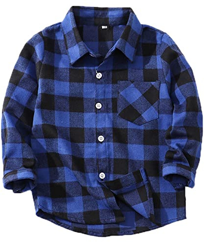 Coralup Boy's Button Down Long Sleeve Plaid Shirt Cotton Girls Blouses Flannel Checked Shirts Casual Blue 10-11Years