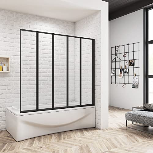 120x140CM MAMPARA DE BAÑERA 5 CRISTALES PLEGABLES GROSOR 4 MM TEMPLADO COLOR NEGRO MATE