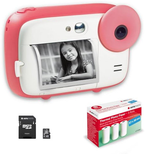 AGFA Photo Realikids Instant Cam + 1 Micro-SD-Karte 32 GB + 3 Rollen Thermopapier ATP3WH – Sofortbildkamera für Kinder, LCD-Display 2,4 Zoll, Selfie-Spiegel und Fotofilter – Rosa