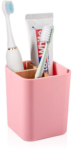 Bamboo Toothbrush Holder for Bathrooms, 3 Slots Toothbrush and Toothpaste Holder Bathroom Counter Organizer for Electric Toothbrushes, Floss, Razors - Pink