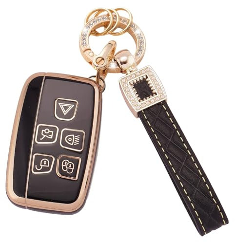 Misuyue Range R-over Key Cover for L-and Discovery LR4 Range R-over Sport Evoque Jaguar XF XJ XJL F-pace, Range R-over Evoque Key Fob Cover, 5 Button TPU Jaguar Key Cover + Leather Rope Clasp (Black)