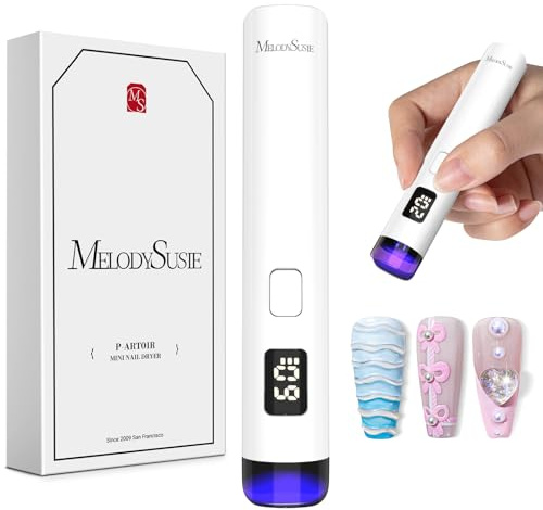 MelodySusie Handheld Cordless UV Nail Lamp with LCD Display & Eye-Protection Cover, P-Art01R Rechargeable Mini UV LED Light Flash Cures All Soft Gels, Especially Rhinestone Glue & Liner Gel White