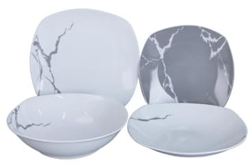 Servizio Piatti 19 Pezzi Per 6 Persone | Resistente Porcellana Bianca e Grigia Design Moderno Marmorizzato Elegante Raffinato | Uso Quotidiano, Occasioni Speciali, Lavabile in Lavastoviglie