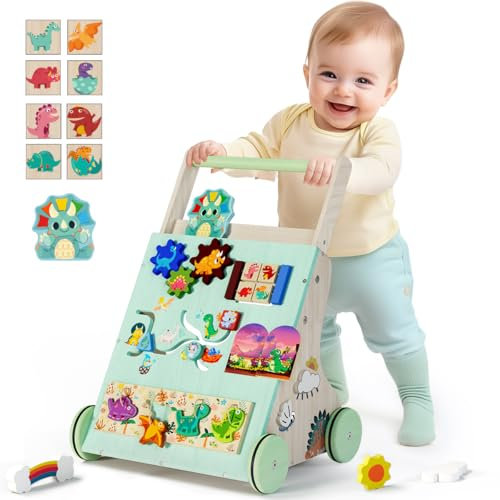TERRAMUS Baby Lauflernwagen Holz, Dinosaurier Multifunktion Montessori Spielzeug mit Formensortierung Spielbrett, Baby Lauflernhilfe mit & Rädern Geschenk für Kleinekinder Kinder 6 Monate - 1-2 Jahre