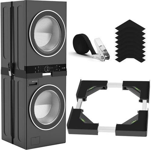 YUZEER Kit de Superposition Universel pour Lave-linge et Sèche-linge, avec Corde à Cliquet, Taille du Cadre de Superposition Réglable, Convient aux Lave-linge et Sèche-linge de 45 à 68 cm(Noir)