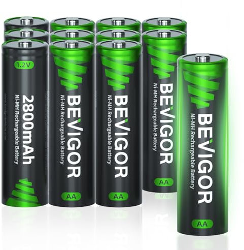 BEVIGOR 12 Pilas AA Recargables Ni-MH 2800mAh 1.2V, Alta Capacidad, Precargadas