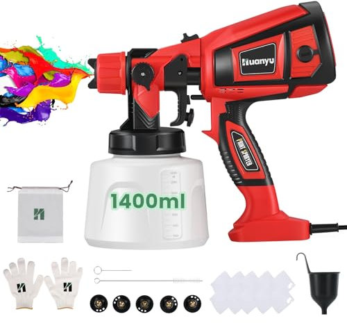 Huanyu Pulvérisateur de Peinture électrique 850W Pistolet à Peinture électrique avec réservoir de 1400ml Pistolet Puissant avec 5 Buses (Rouge)
