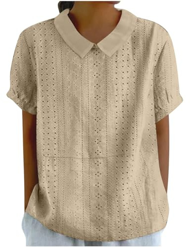 Blouse Femme Chic et Élégant Col Claudine Chemisier Couleur Unie Oeillet Broderie T-Shirt Été Manches Courtes Tunique Coupe Ample Revers Chemise Léger et Respirant Haut